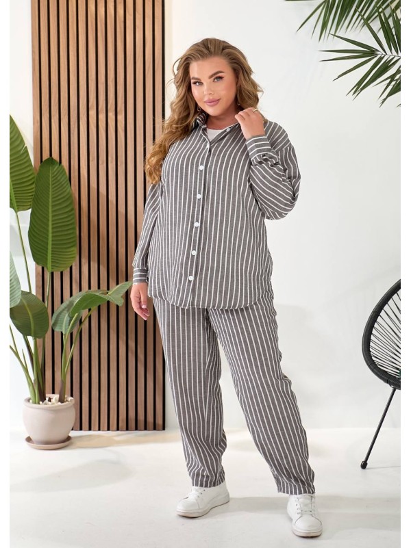 Жіночий лляний костюм 3-ка (штани+майка+сорочка) графiтового кольору 33330