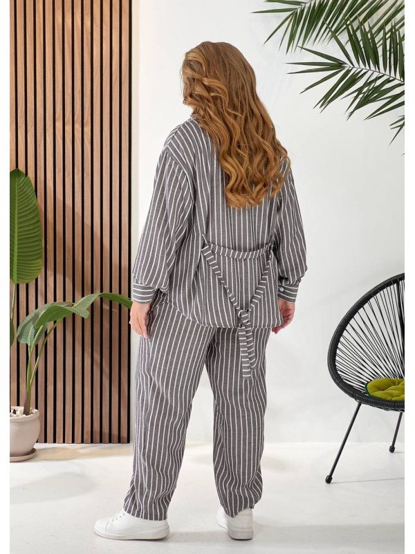 Жіночий лляний костюм 3-ка (штани+майка+сорочка) графiтового кольору 33330