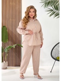 Жіночий лляний костюм 3-ка (штани+майка+сорочка) бежевого кольору 33331