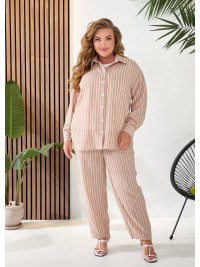 Жіночий лляний костюм 3-ка (штани+майка+сорочка) бежевого кольору 33331