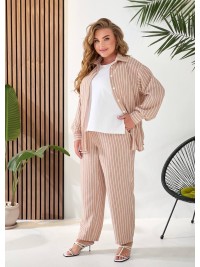 Жіночий лляний костюм 3-ка (штани+майка+сорочка) бежевого кольору 33331