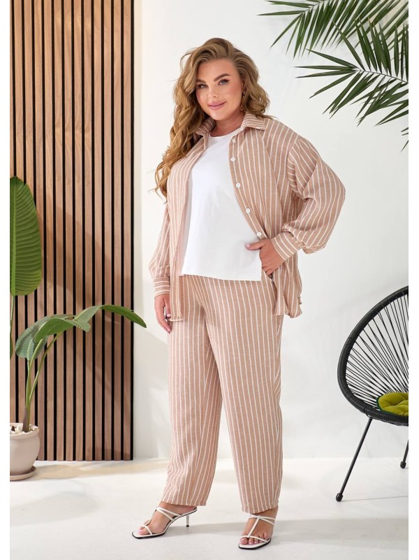 Жіночий лляний костюм 3-ка (штани+майка+сорочка) бежевого кольору 33331