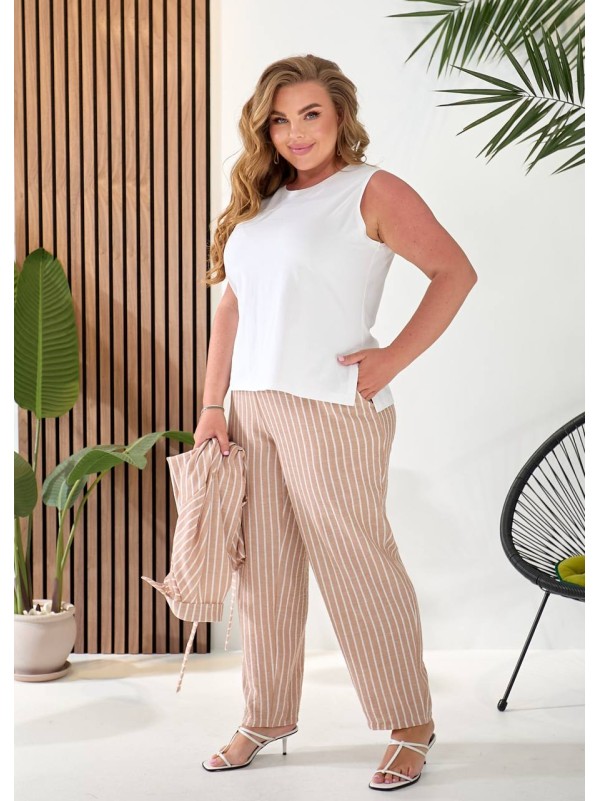 Жіночий лляний костюм 3-ка (штани+майка+сорочка) бежевого кольору 33331