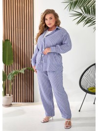 Жіночий лляний костюм 3-ка (штани+майка+сорочка) синього кольору 33332