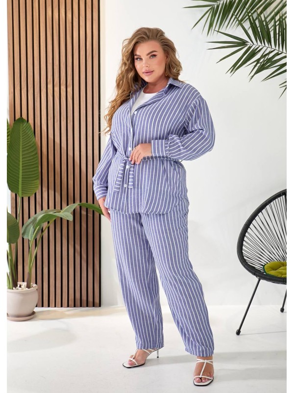 Жіночий лляний костюм 3-ка (штани+майка+сорочка) синього кольору 33332