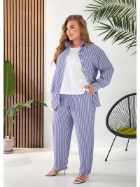 Жіночий лляний костюм 3-ка (штани+майка+сорочка) синього кольору 33332