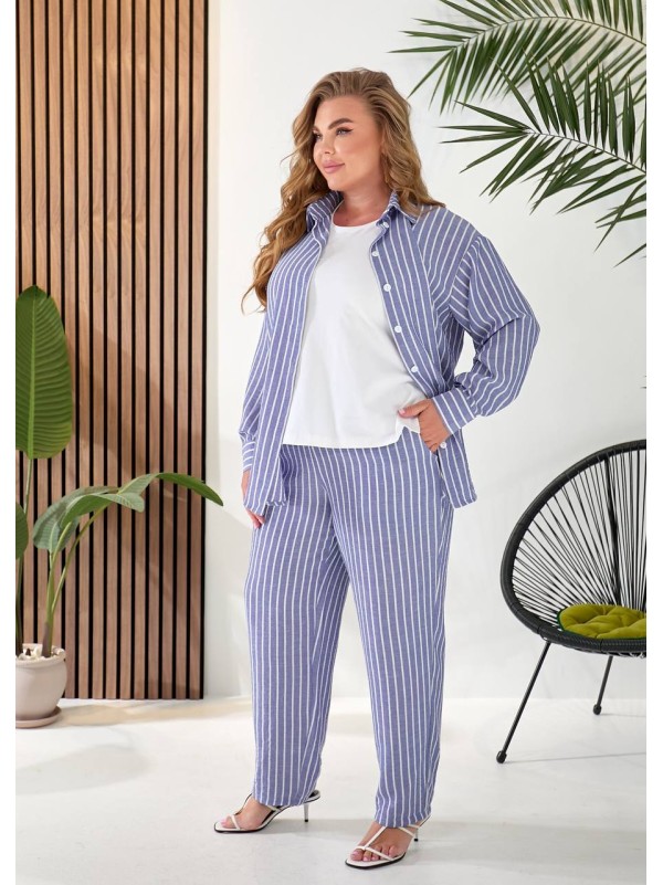 Жіночий лляний костюм 3-ка (штани+майка+сорочка) синього кольору 33332