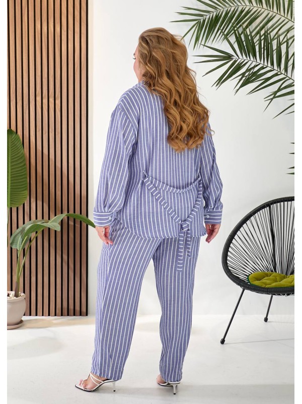 Жіночий лляний костюм 3-ка (штани+майка+сорочка) синього кольору 33332