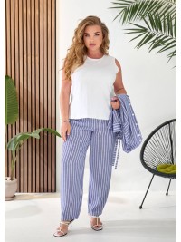 Жіночий лляний костюм 3-ка (штани+майка+сорочка) синього кольору 33332