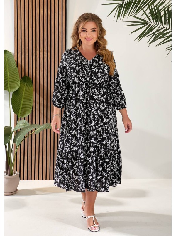 Літня сукня міді із завищеною талією чорного кольору 33339