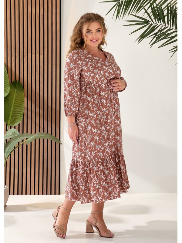 Літня сукня міді із завищеною талією кавового кольору 33341