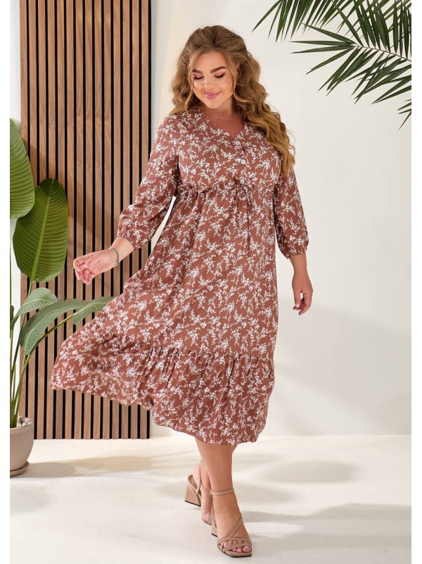 Літня сукня міді із завищеною талією кавового кольору 33341