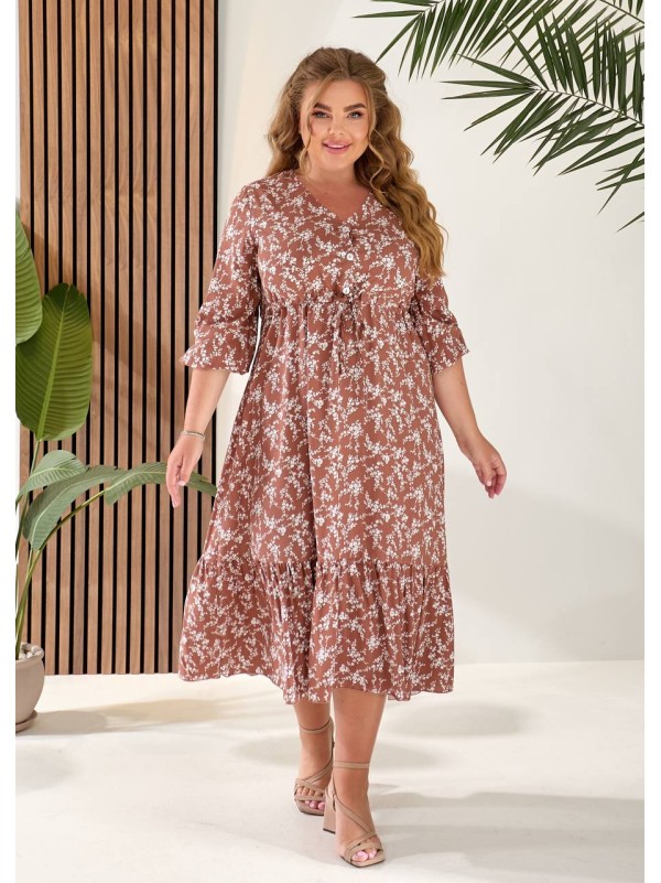 Літня сукня міді із завищеною талією кавового кольору 33341