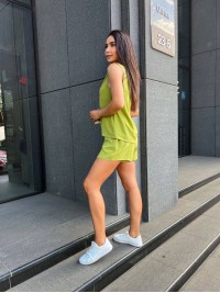 Жіночий літній костюм (шорти+майка) оливкового кольору 33344
