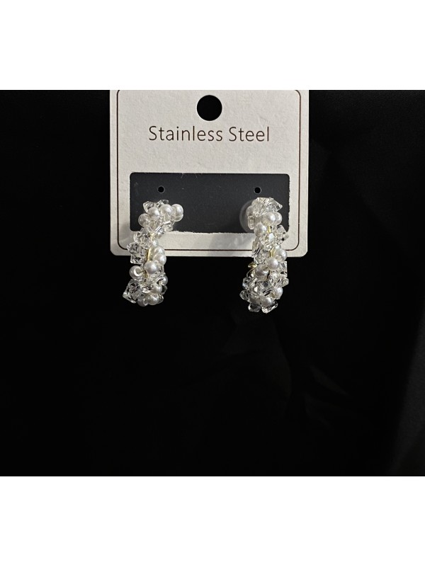 Сережки з бісером білого кольору застібка - пусет 33350