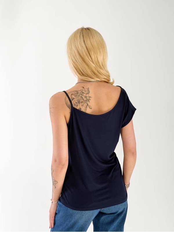 Майка жіноча на одне плече синього кольору 33362