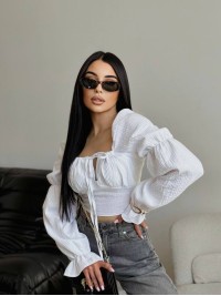 Літній топ на зав'язках із рукавом бiлого кольору 33412