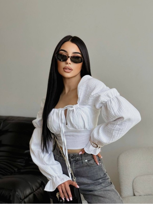 Літній топ на зав'язках із рукавом бiлого кольору 33412