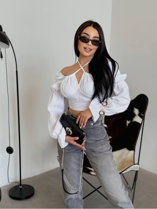 Літній топ на зав'язках із рукавом бiлого кольору 33412