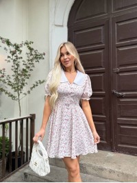 Класична сукня міні з коміром молочного кольору 33414