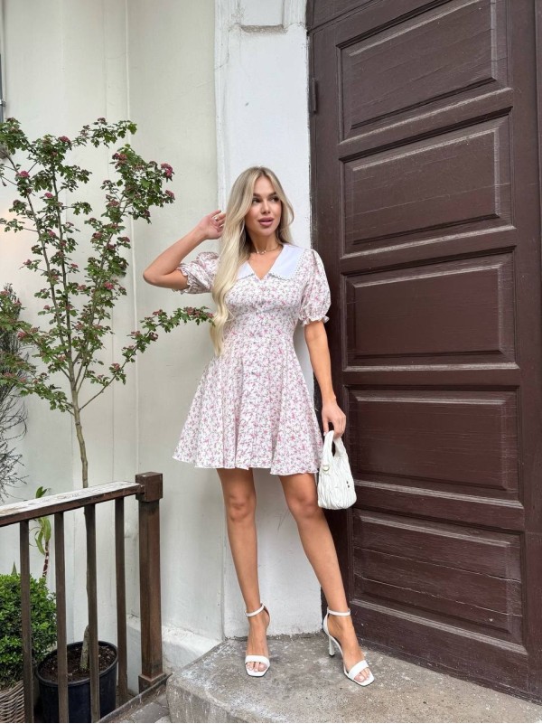 Класична сукня міні з коміром молочного кольору 33414