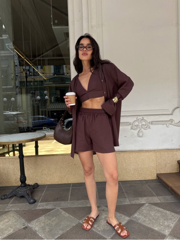 Жіночий літній костюм 3-ка коричневого кольору 33427