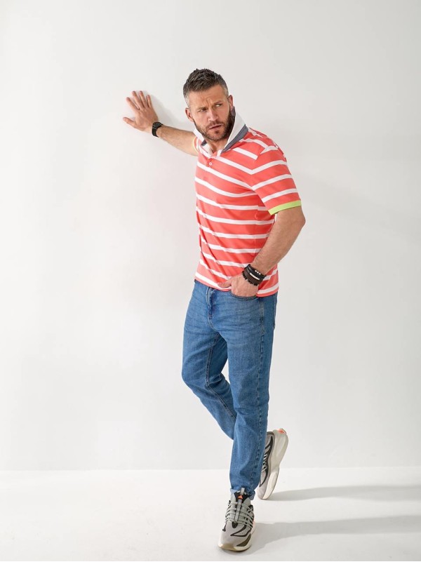 Чоловіча футболка поло в смужку помаранчевого кольору 33462