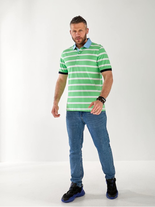 Чоловіча футболка поло в смужку зеленого кольору 33463
