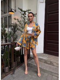 Жіночий шовковий костюм з кімоно жовтого кольору 33480