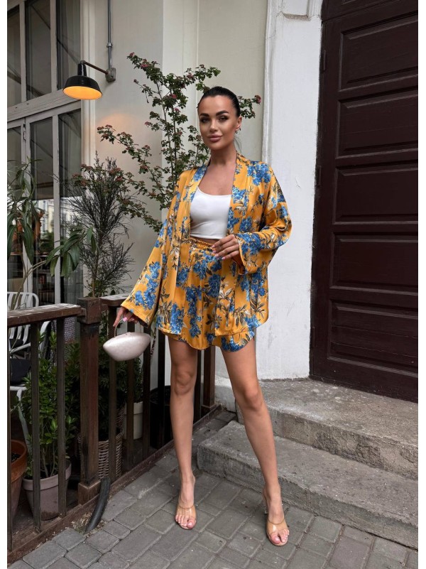 Жіночий шовковий костюм з кімоно жовтого кольору 33480