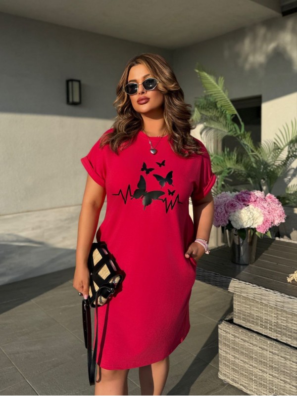 Жіноча літня сукня з малюнком малинового кольору 33490