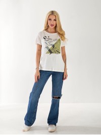 Жіноча бавовняна футболка з паєтками білого кольору 33504