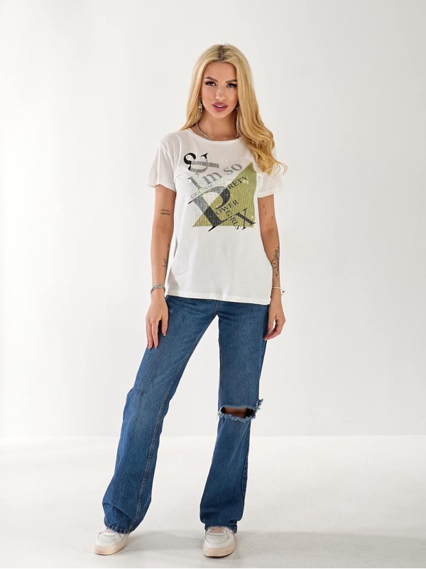 Жіноча бавовняна футболка з паєтками білого кольору 33504