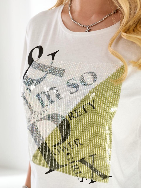 Жіноча бавовняна футболка з паєтками білого кольору 33504