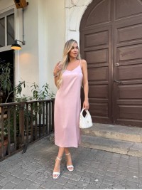 Шовкова сукня міді на бретельках рожевого кольору 33523