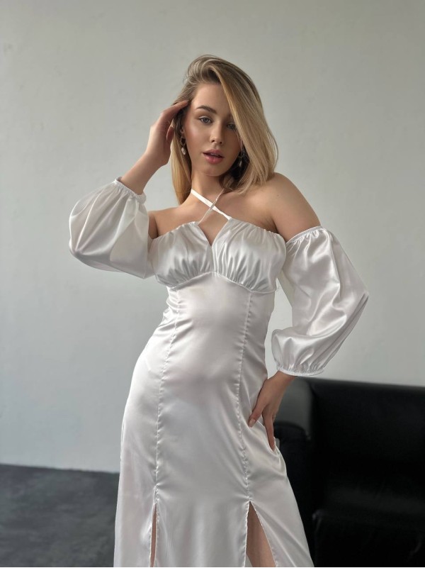 Легка шовкова сукня міді молочного кольору 33585