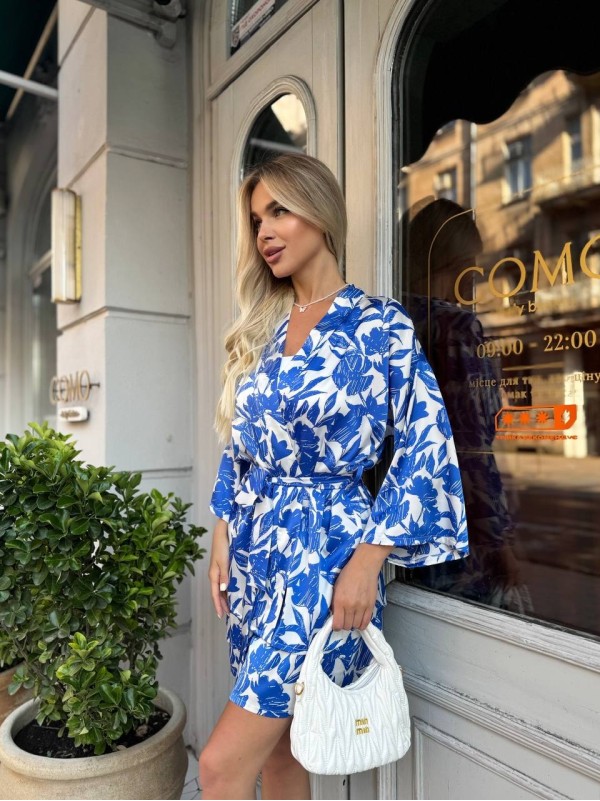 Жiночiй шовковий костюм з кiмоно синього кольору 33634