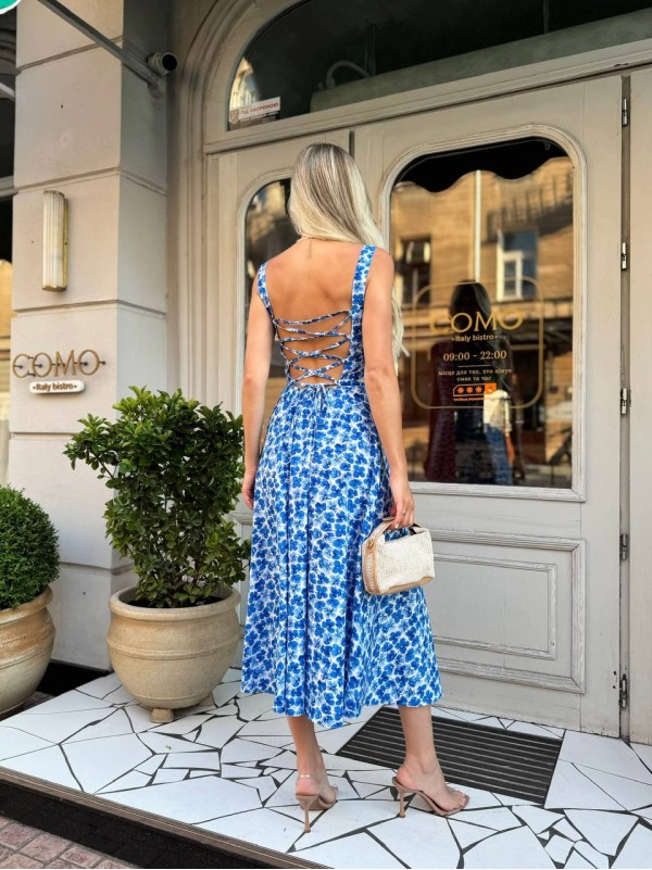 Літня сукня міді з відкритою спинкою синього кольору 33642