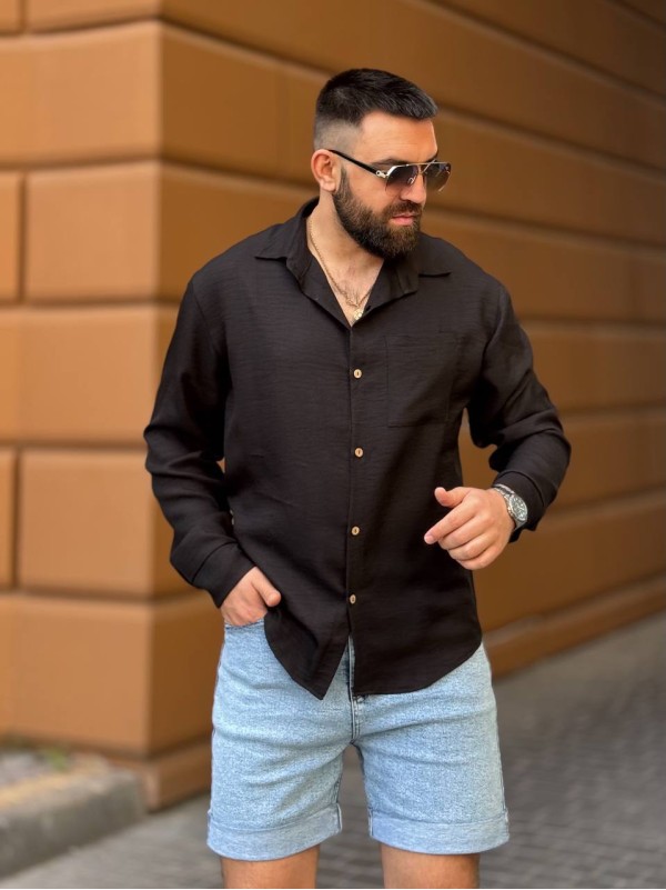 Чоловіча льняна сорочка чорного кольору 33668