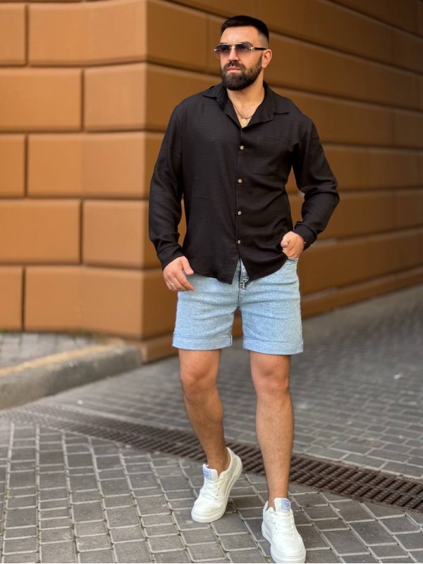 Чоловіча льняна сорочка чорного кольору 33668