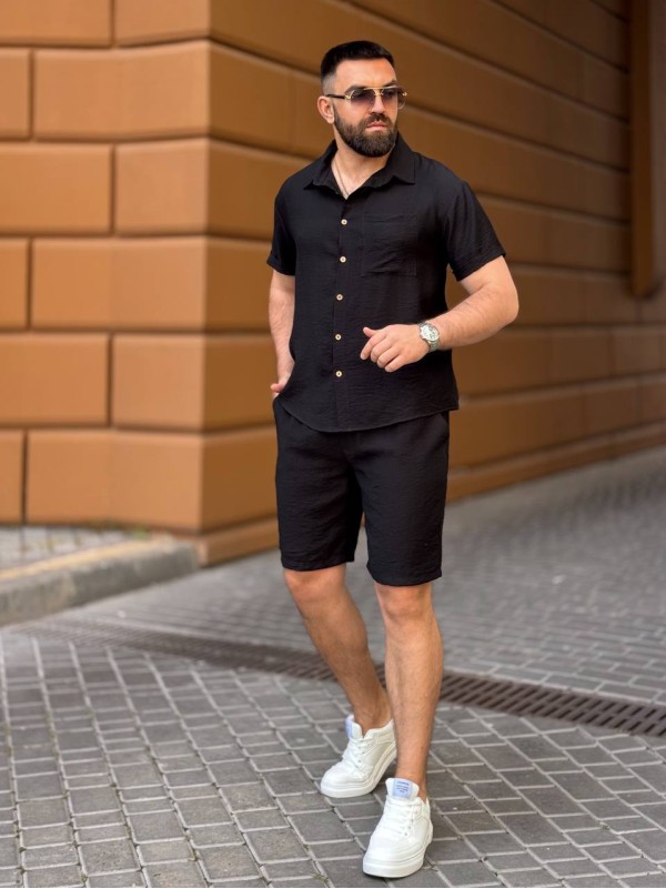 Чоловічий льняний костюм чорного кольору 33671