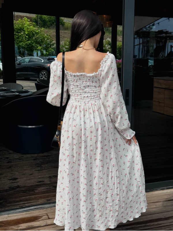 Муслинова сукня максi в квiтку молочного кольору 33721