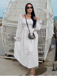 Муслинова сукня максi в квiтку молочного кольору 33721