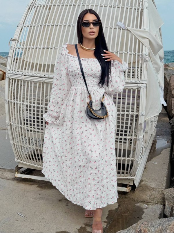 Муслинова сукня максi в квiтку молочного кольору 33721