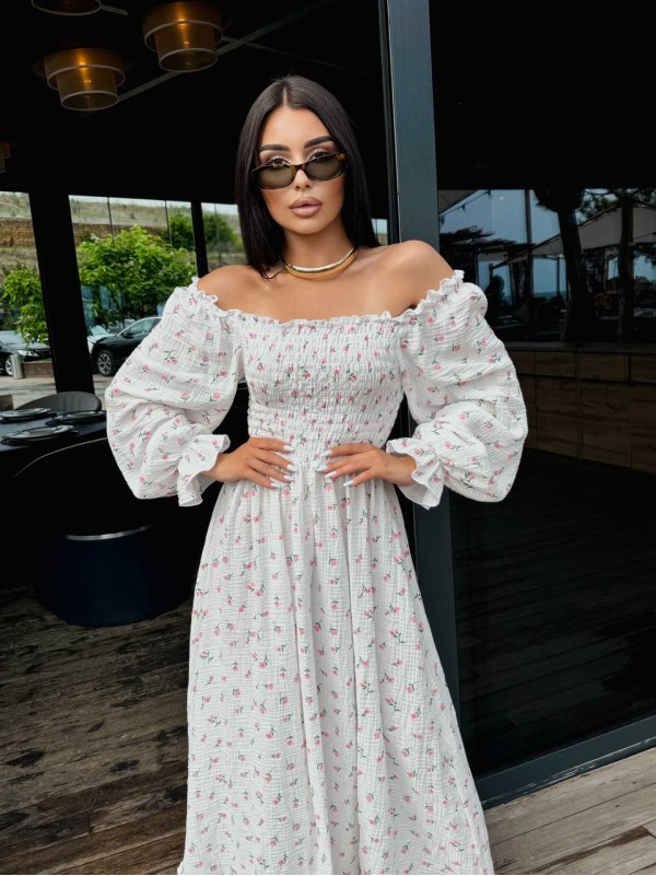 Муслинова сукня максi в квiтку молочного кольору 33721