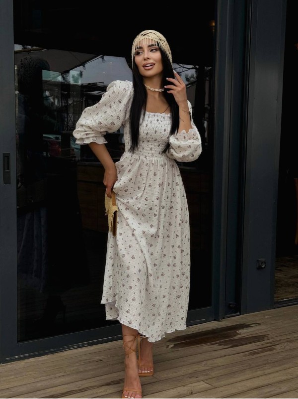 Муслинова сукня максi в букет молочного кольору 33722