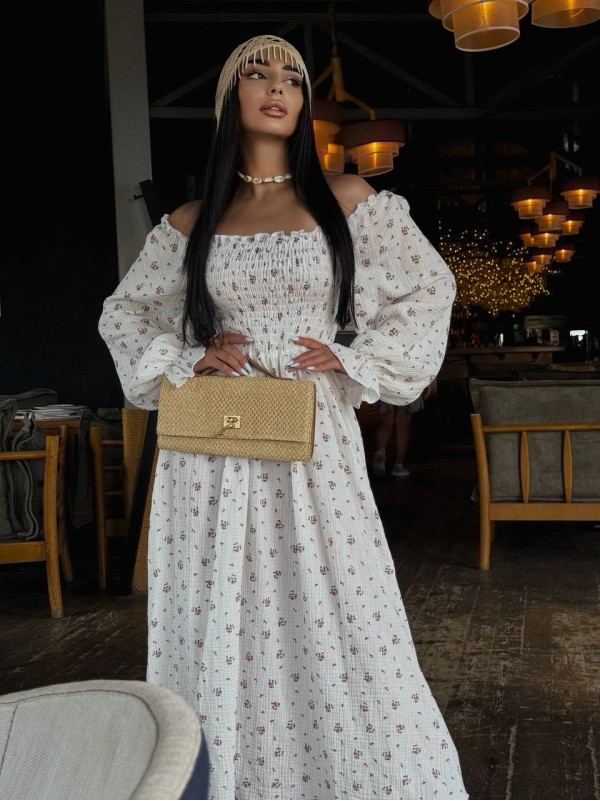 Муслинова сукня максi в букет молочного кольору 33722