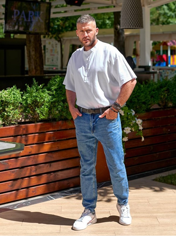 Чоловіча льняна сорочка-футболка бiлого кольору 33731