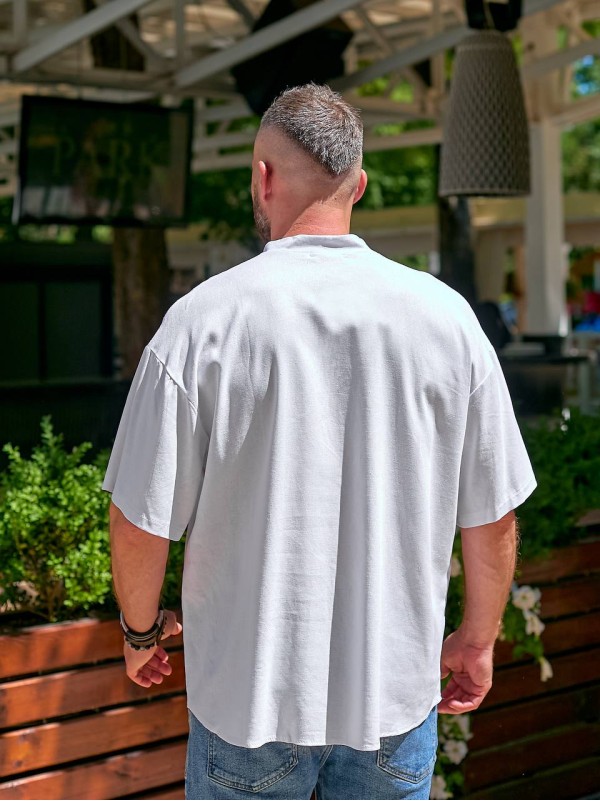 Чоловіча льняна сорочка-футболка бiлого кольору 33731