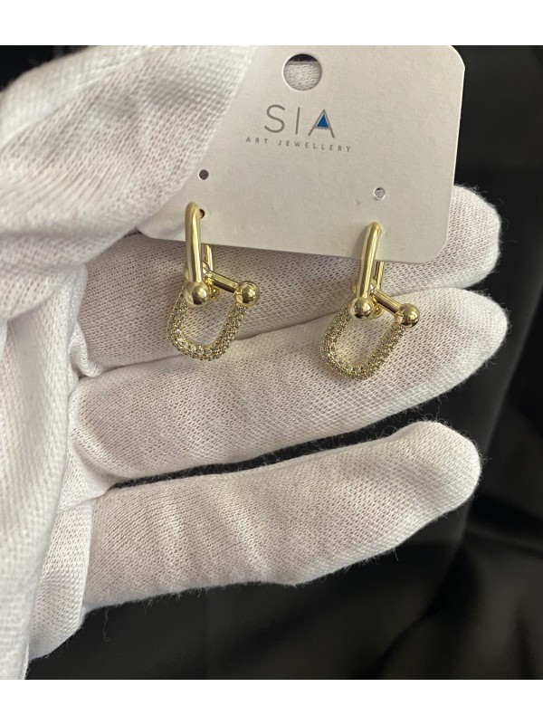 Сережки 2в1 з камінцями англійський замок золотого кольору 33746